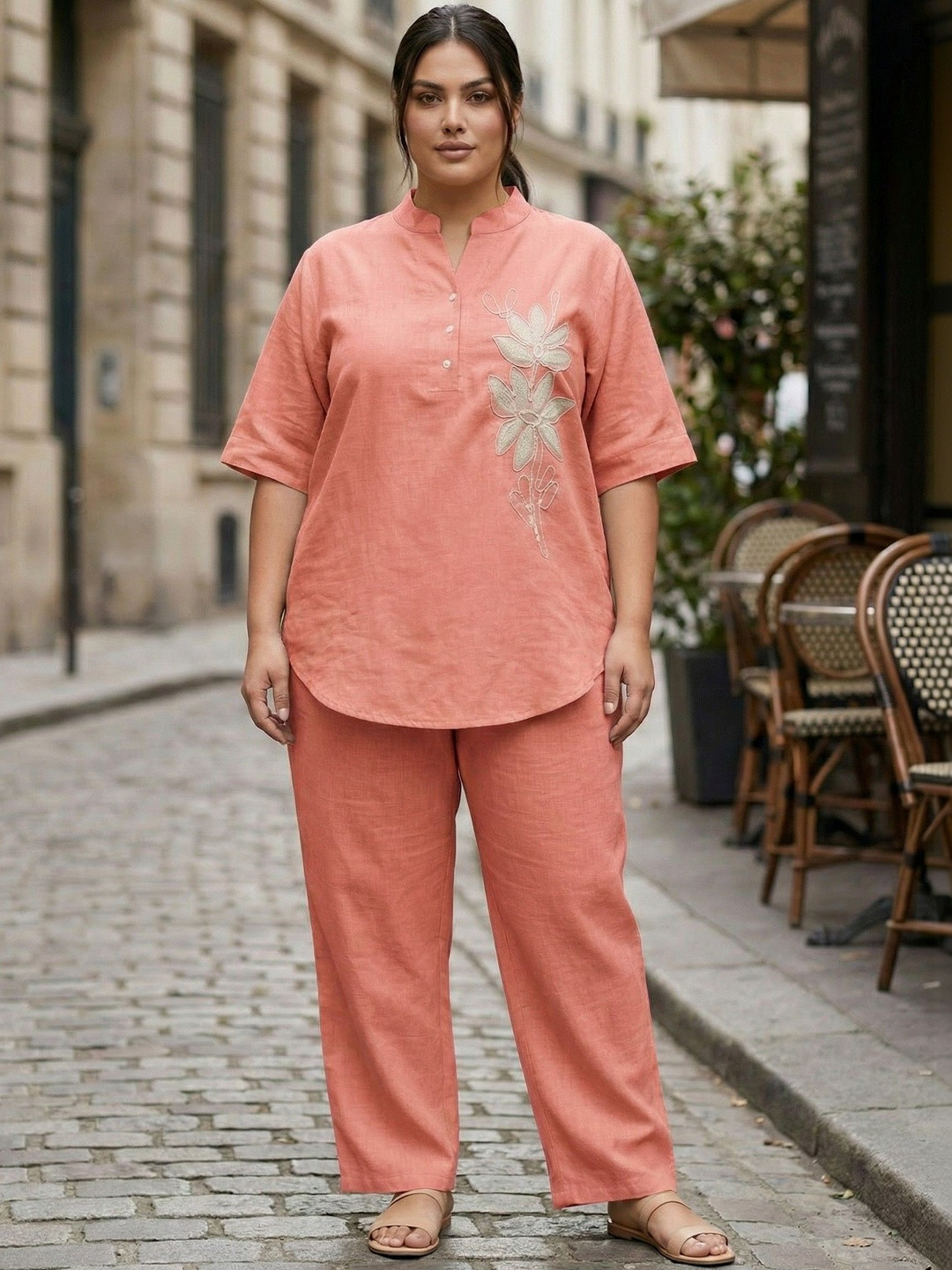 MAKHHI WEAR YOUR VIBE Linen Embroidered Top with Trousers