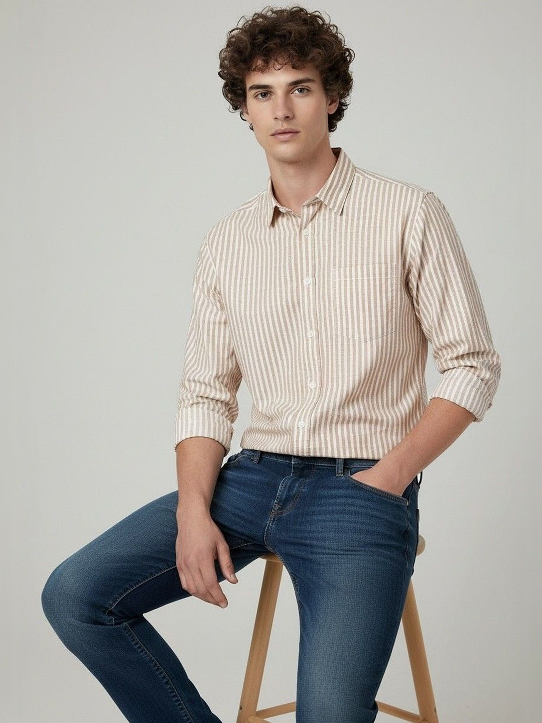 Cream Vertical Stripes Regular Fit Casual Shirt