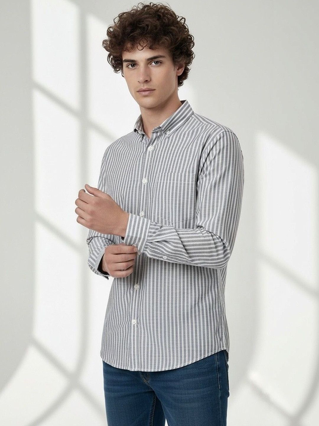 Grey Vertical Stripes Regular Fit Casual Shirt
