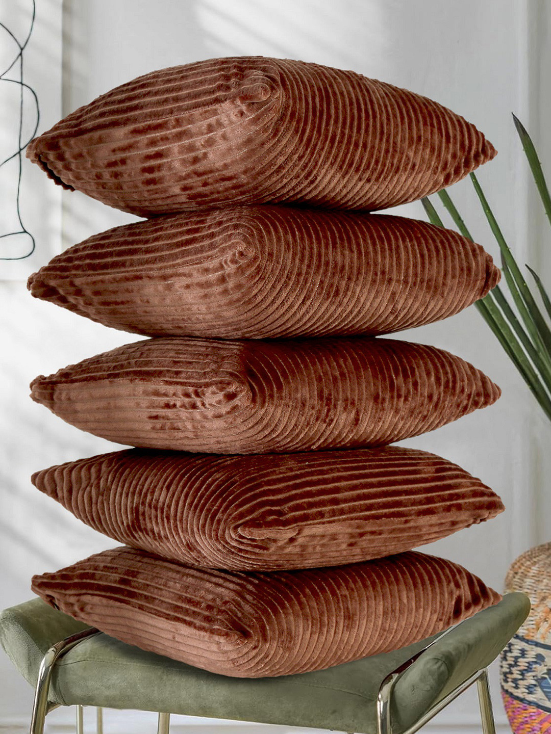RD TREND Coffee Striped Soft Corduroy 5Pcs Textured Square Cushion Covers -18x18In