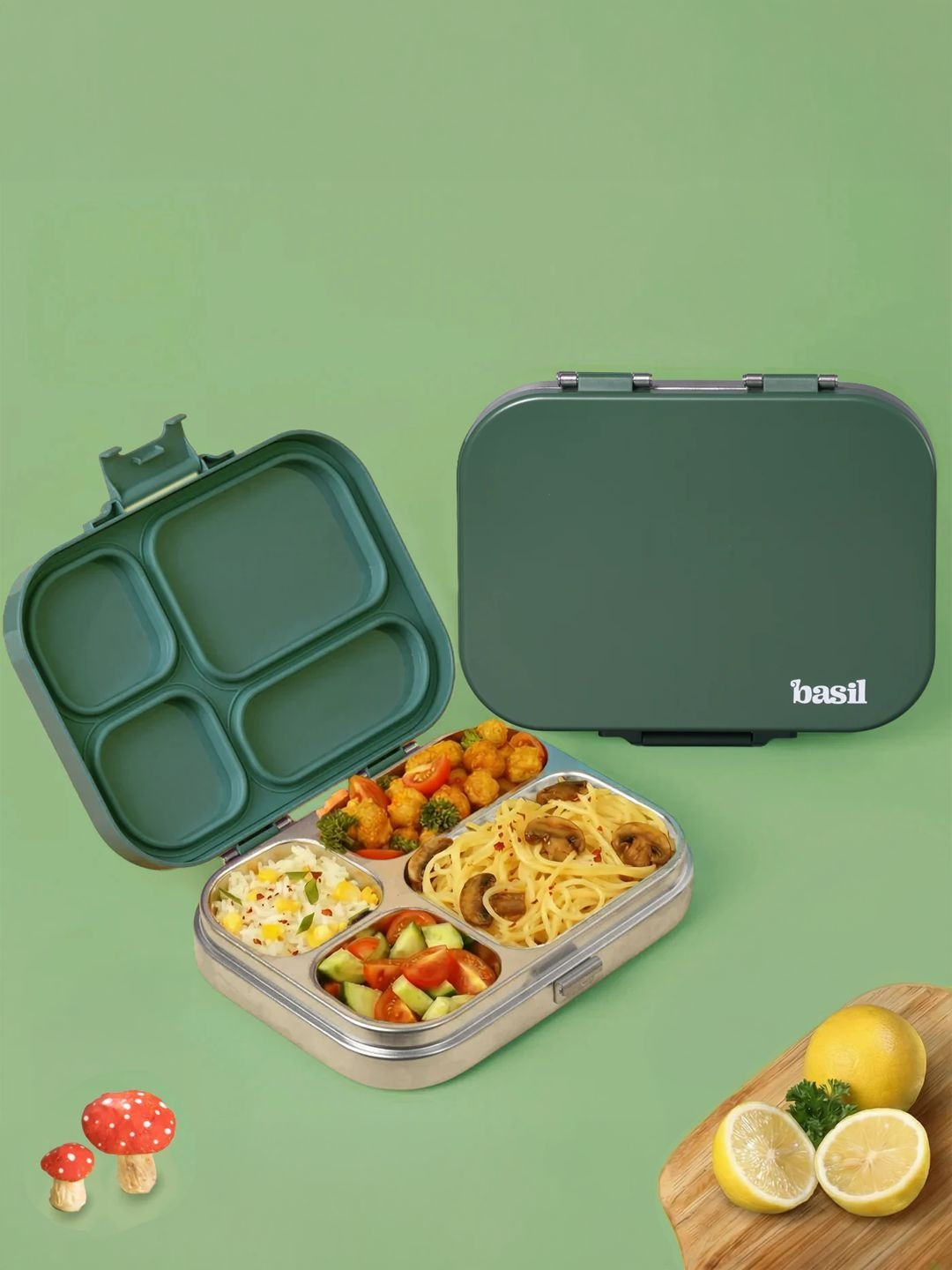 BASIL Wild wood Stainless steel 4 compartment lunch box 800ml