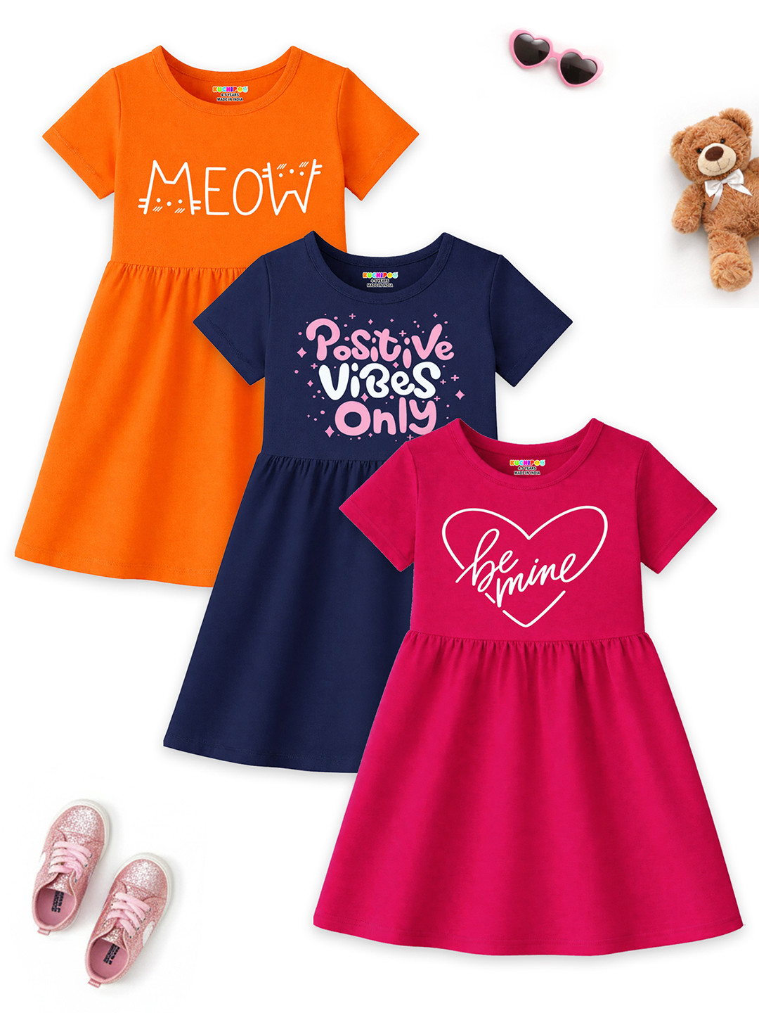 KUCHIPOO Girls Pack Of 3 Printed Round Neck A-Line Dress