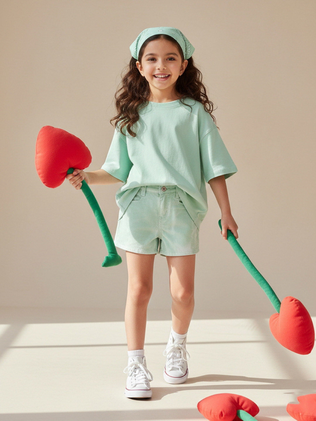 TALES & STORIES Girls Green Tie and Dye Cotton Washed with Technology Regular Shorts