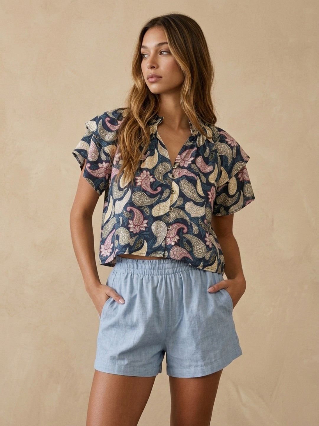Paisley Printed Regular Fit Mandarin Neck Top