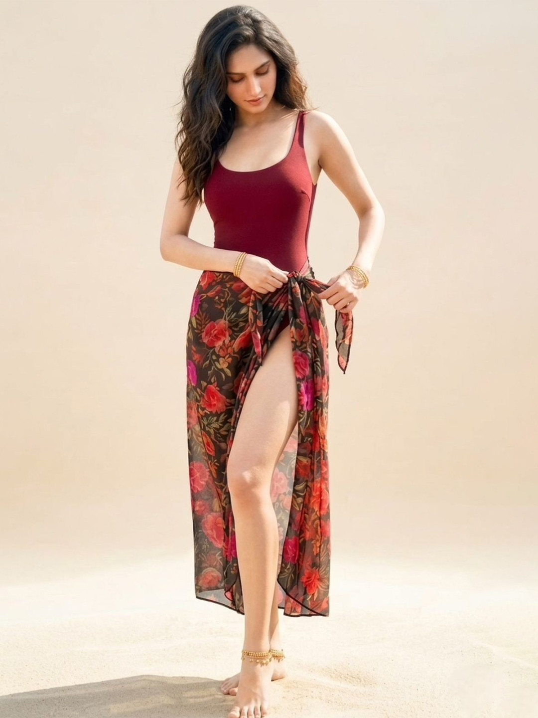 WomanLikeU Black & Red Floral Printed Sarong