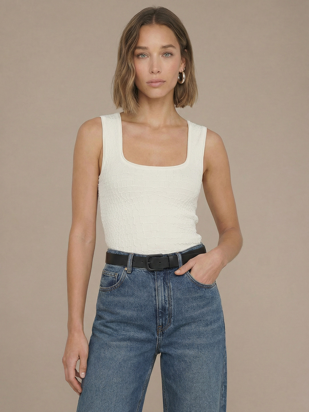 MANGO Sleeveless Textured Square Neck Top