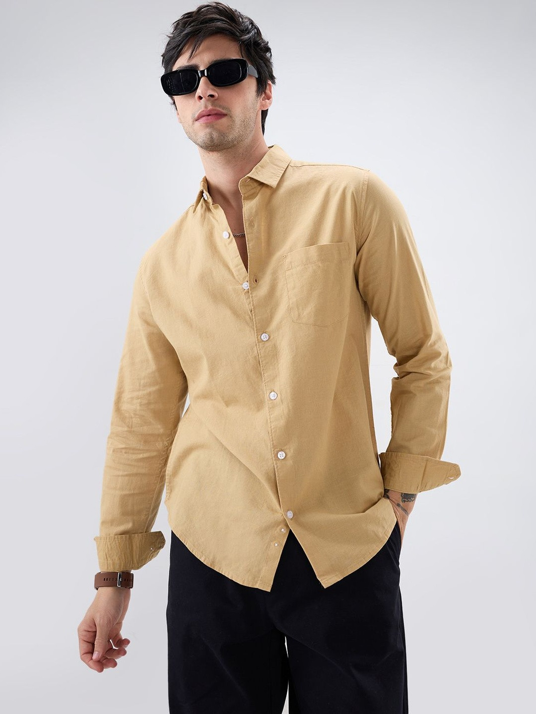 VASTRADO Solid Camel Beige Statement Shirt