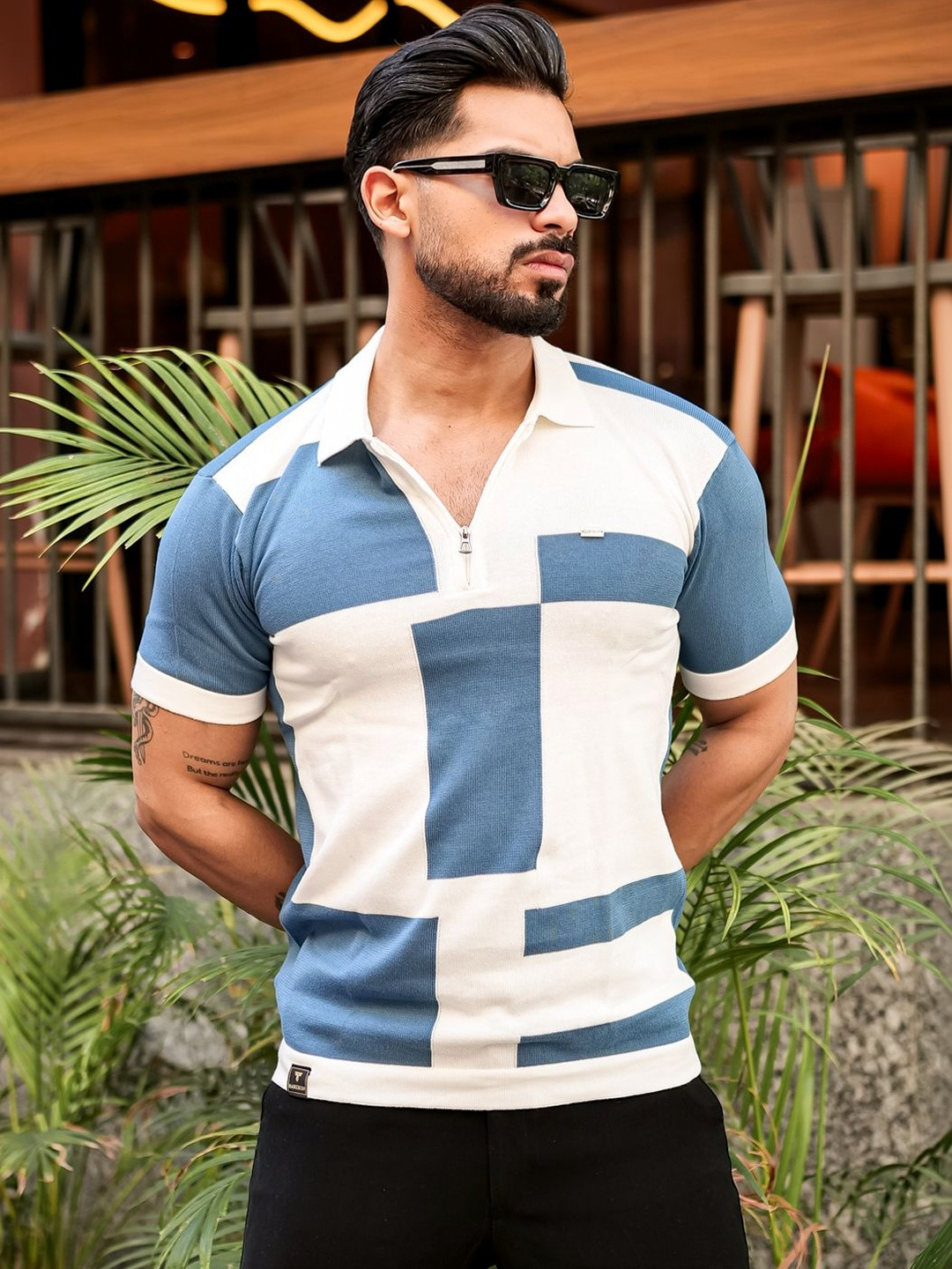 Hamercop Blue With White Knitted Cotton Zipper Polo Designer T-Shirt