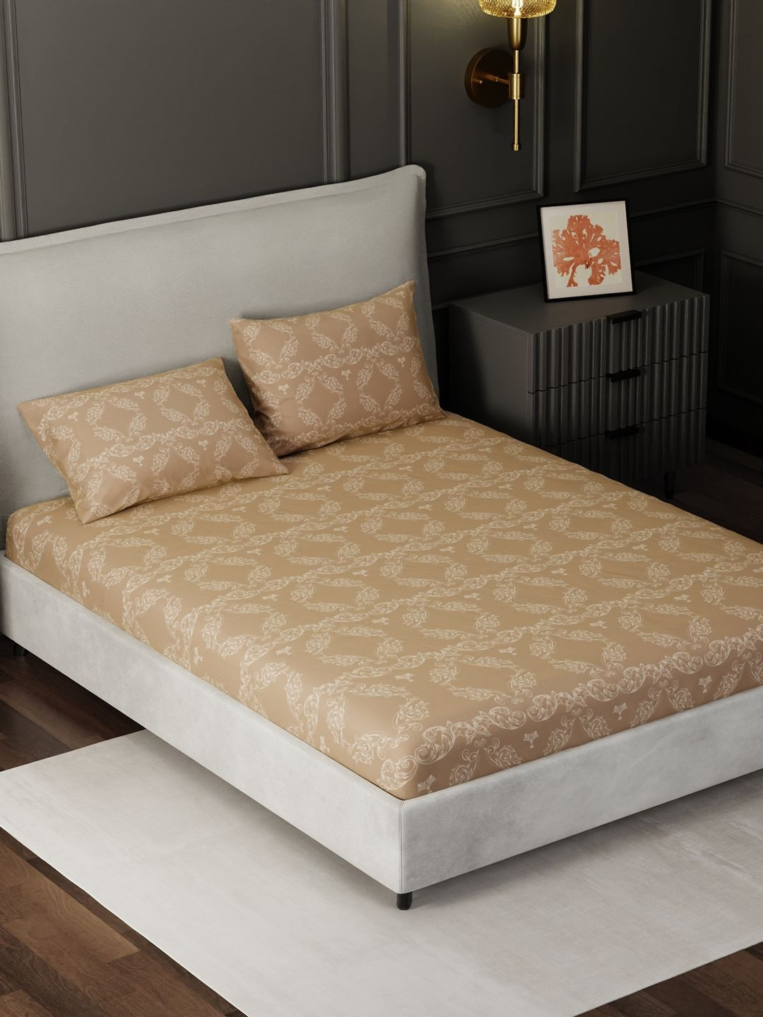 BLISSHOME Beige Floral 150 TC King Bedsheet with 2 Pillow Covers
