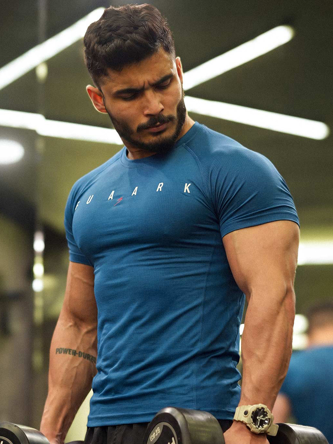 FUAARK Men Teal Blue & White Brand Logo Print Slim Fit Round Neck T-shirt