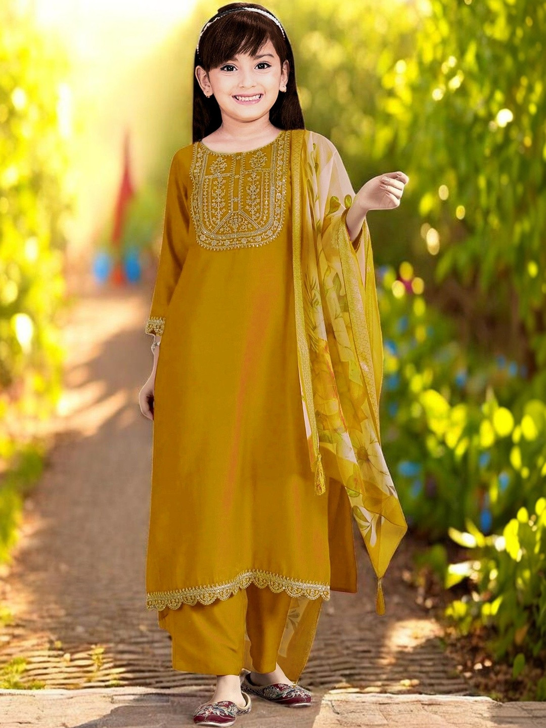 SPANGEL FASHION Girls Floral Embroidered Regular Thread Work Kurta with Trousers & With Dupatta