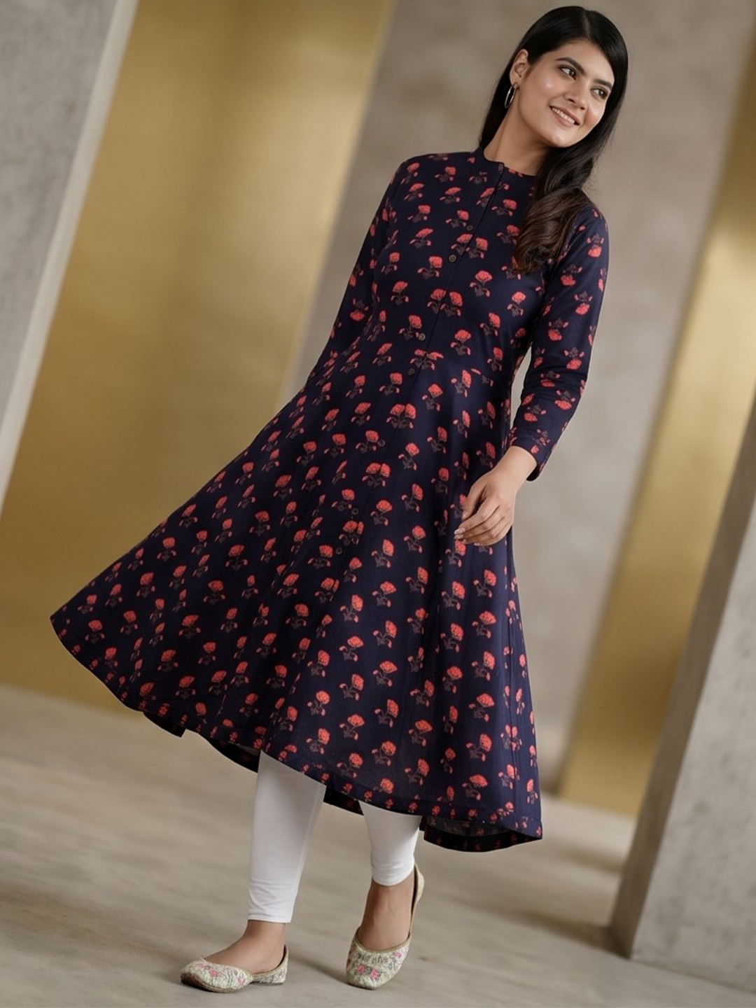 Indiwest Women Navy Blue Floral Printed A-Line Flared Cotton Kurta