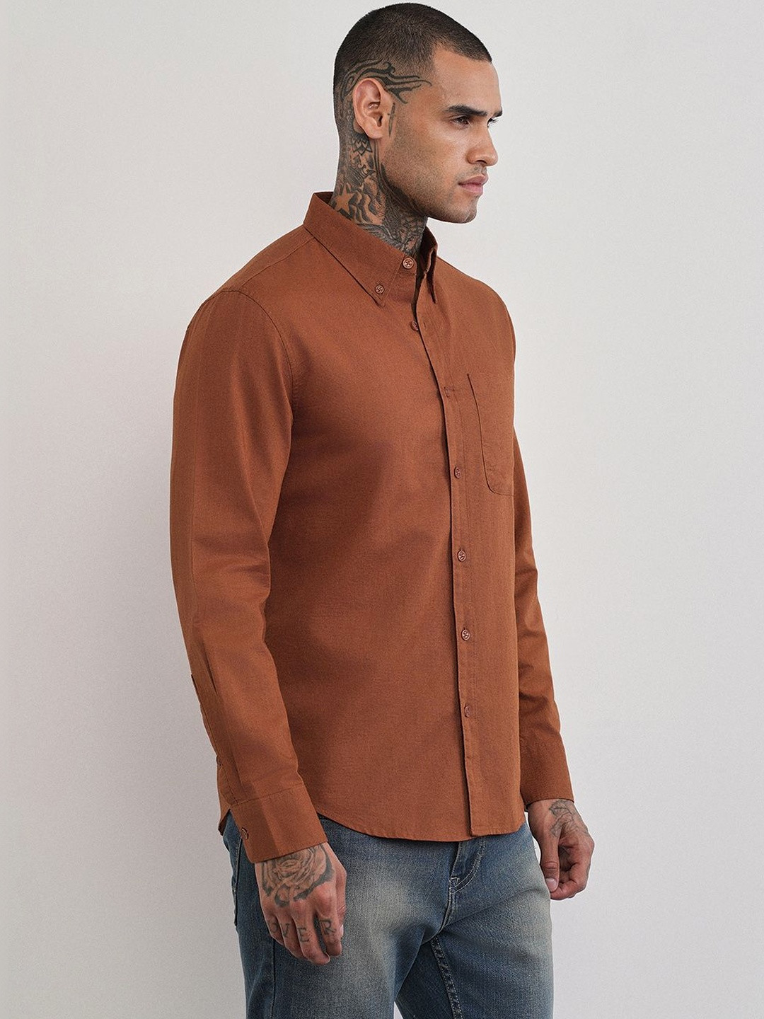 Banana Club Men Classic Spread Collar Cotton Linen Casual Shirt