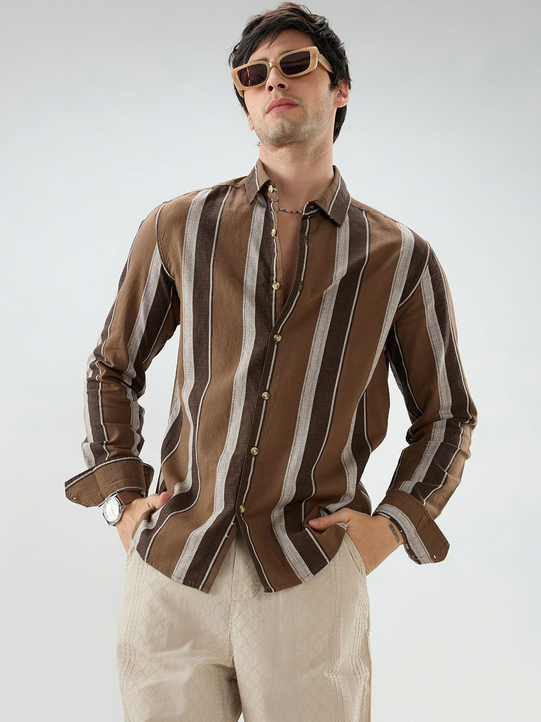 VASTRADO Earthy Brown Sylvan Striped Shirt