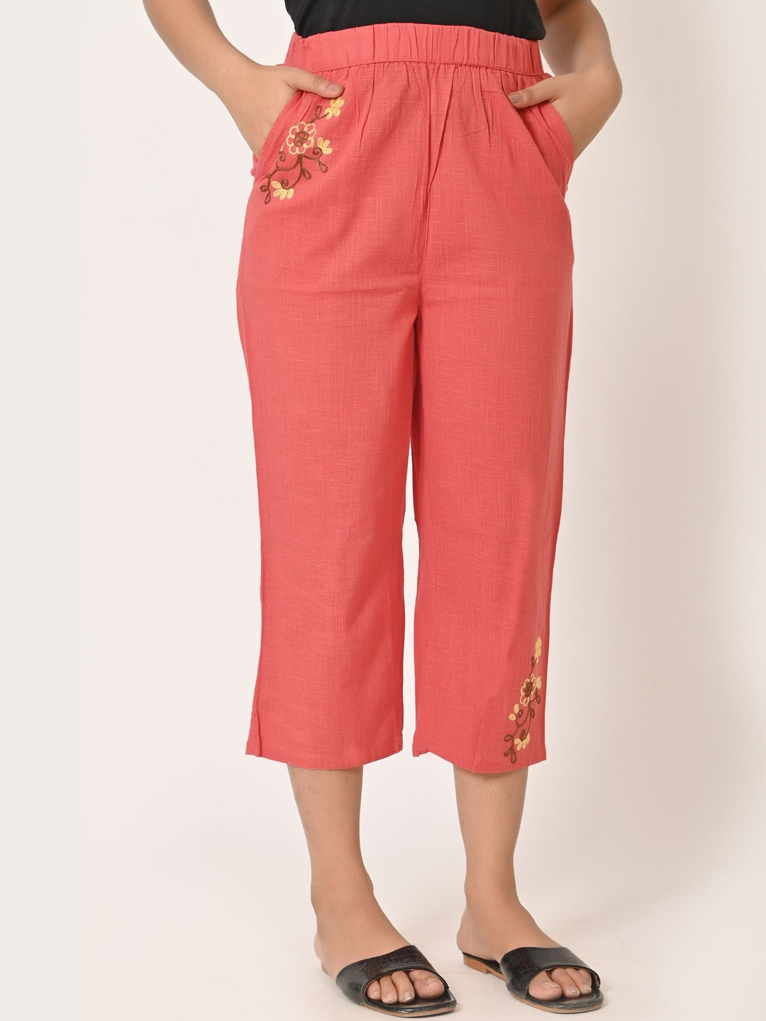 KALAMIR Women Floral Embroidered Straight Fit Easy Wash Trousers