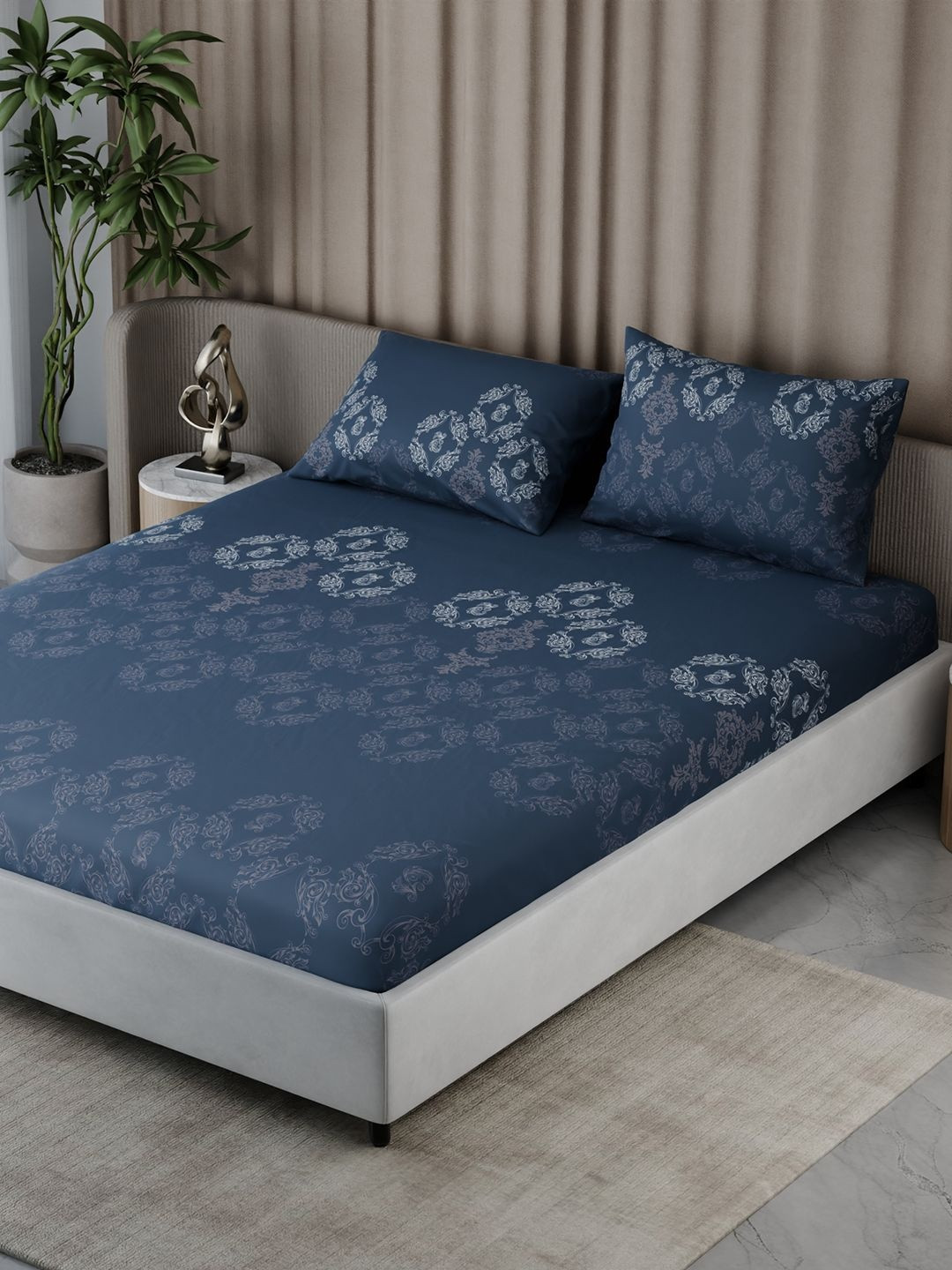 BLISSHOME Navy Blue Ethnic Motifs 150 TC Cotton King Bedsheet Set-183 cm x 198 cm