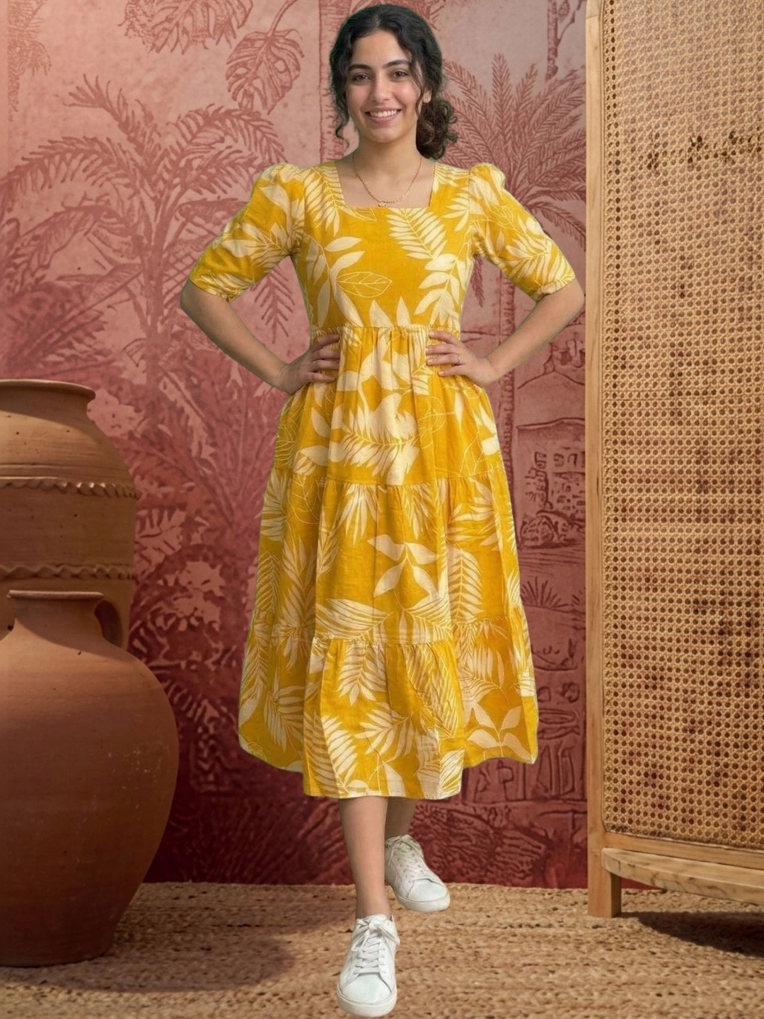 HERE&NOW Tropical Print Puff Sleeve Fit & Flare Midi Dress