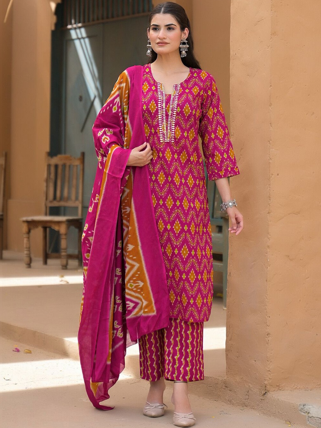 Anouk Rustic Women Ethnic Motifs Printed Regular Thread Work Kurta with Trousers & With Dupatta
