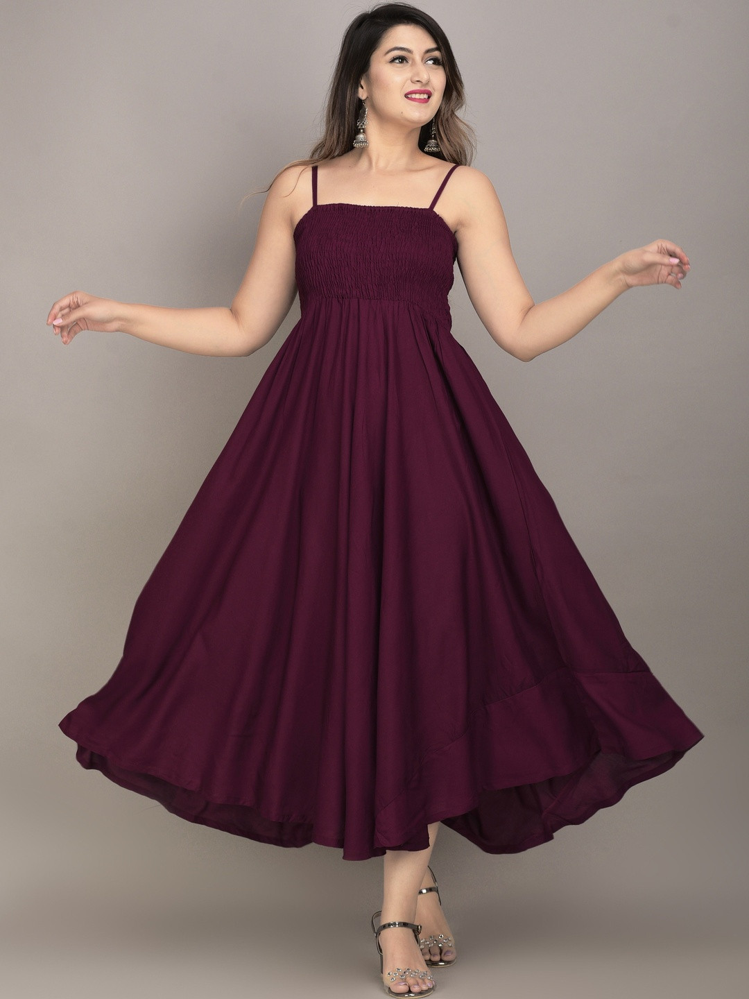 GHK FASHION Crepe A-Line Midi Dress (Wine)