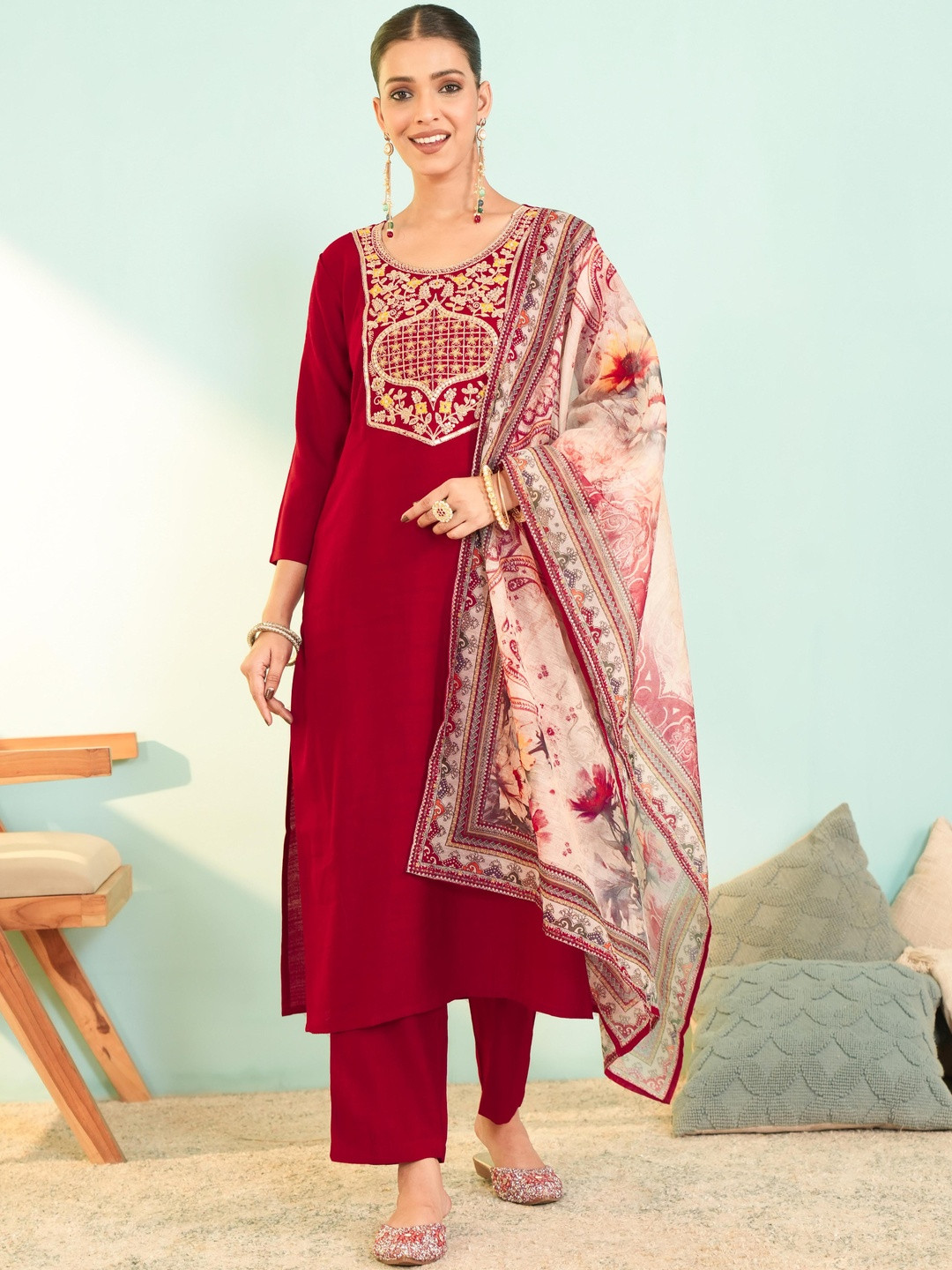 KALINI Women Ethnic Motifs Embroidered Regular Thread Work Kurta with Trousers & With Dupatta