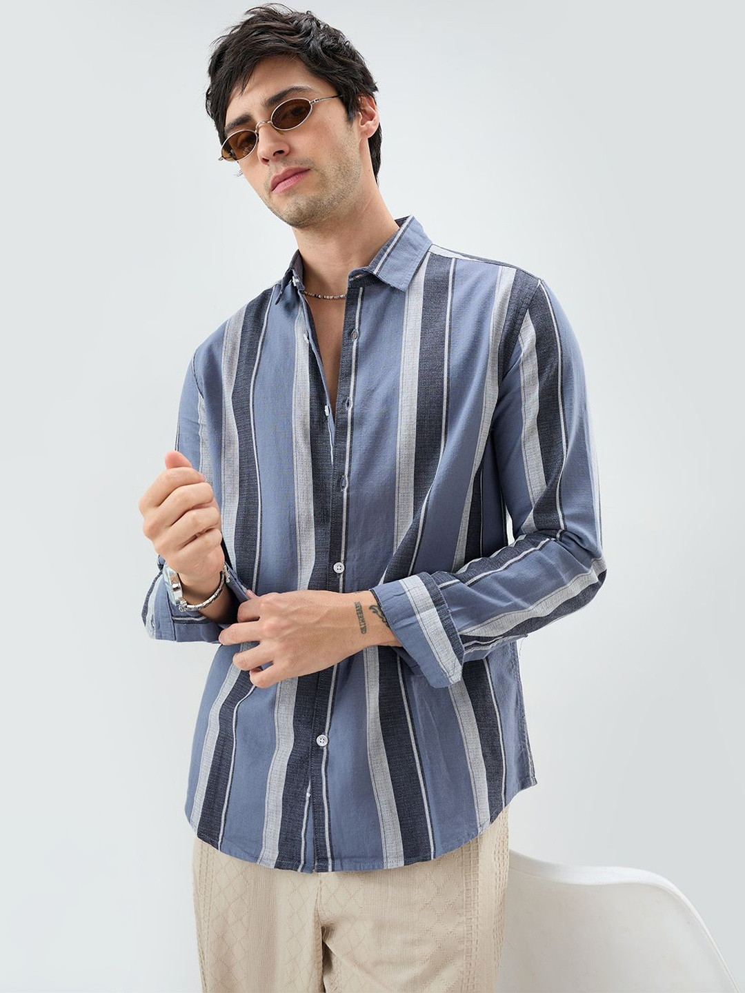 VASTRADO Porpoise Grey & Prussian Blue Striped Shirt