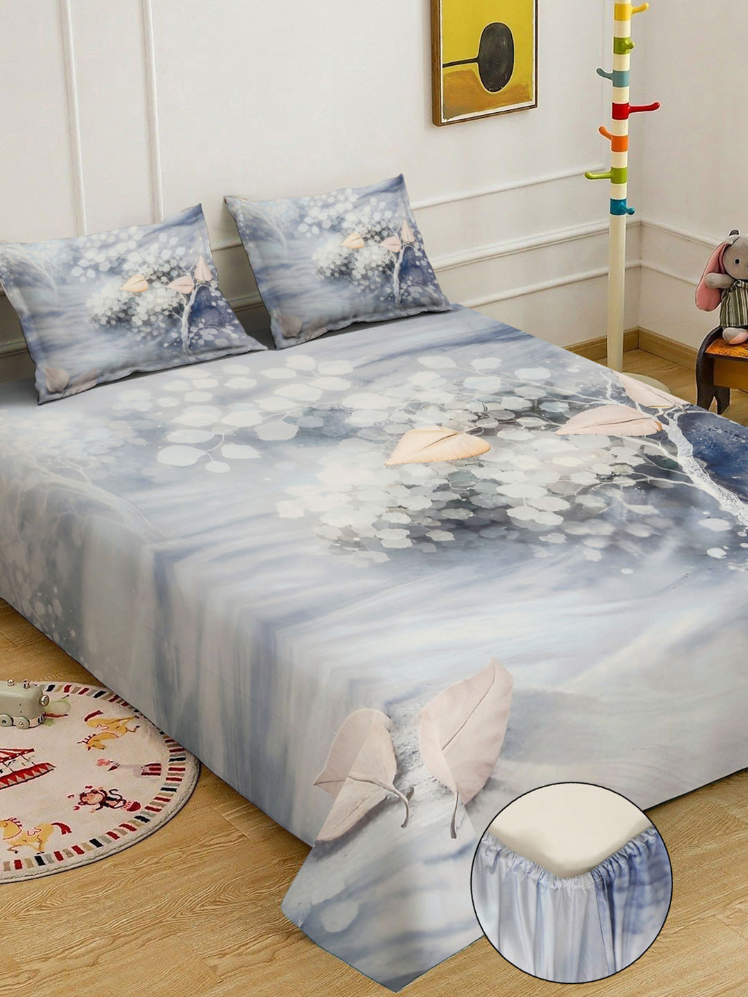 KLOTTHE White & Grey Floral Printed Fitted 300 TC King Fine Bedsheet With 2 Pillow Cover