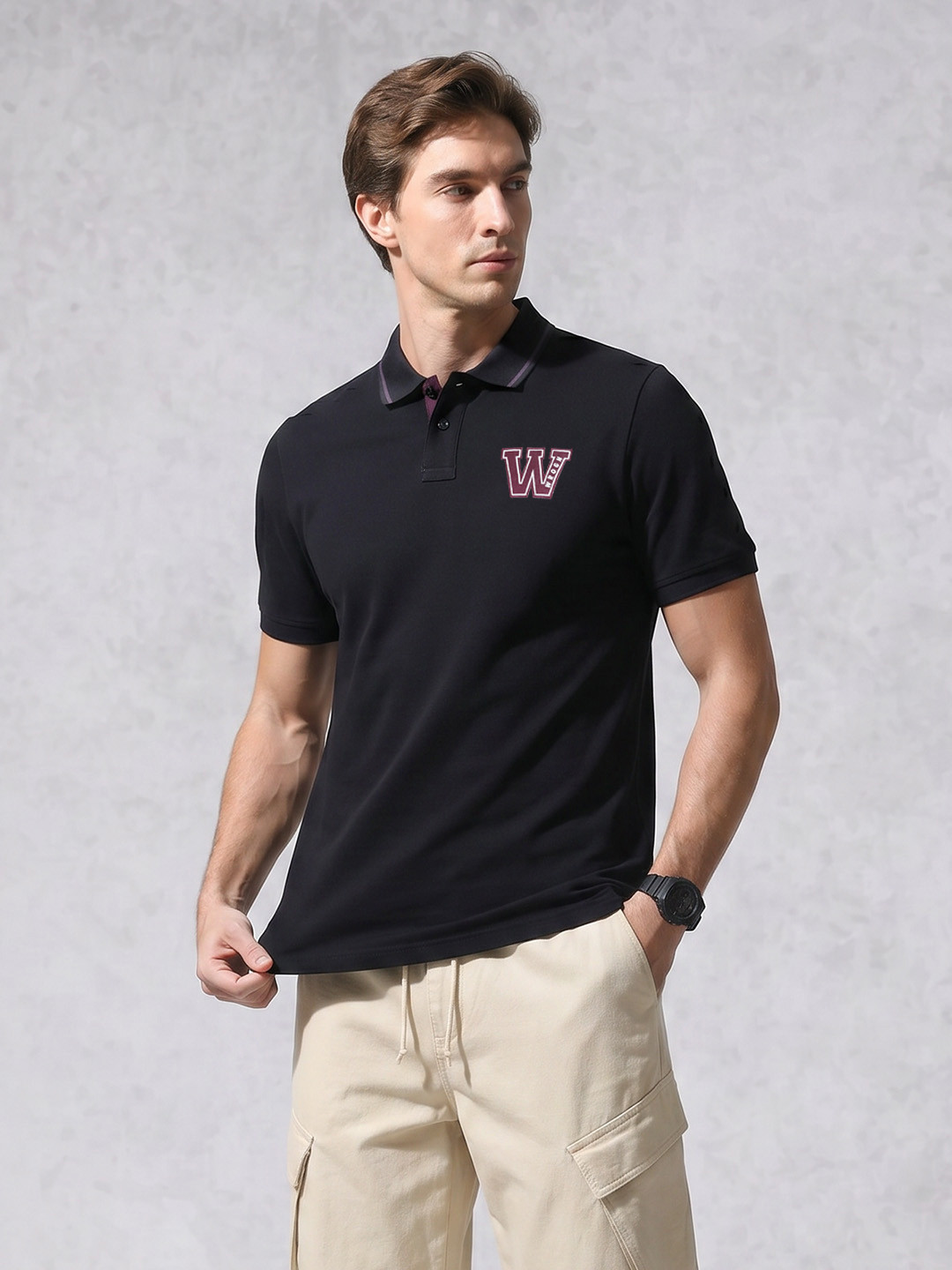 WRONG Slim Fit Brand Logo Applique Polo Collar Pure Cotton T-Shirt