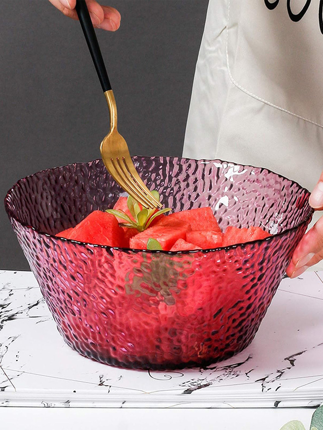 Femora Elegant Pink Hammered Glass Fruit Bowl Salad Dessert & Serving 1300 ml