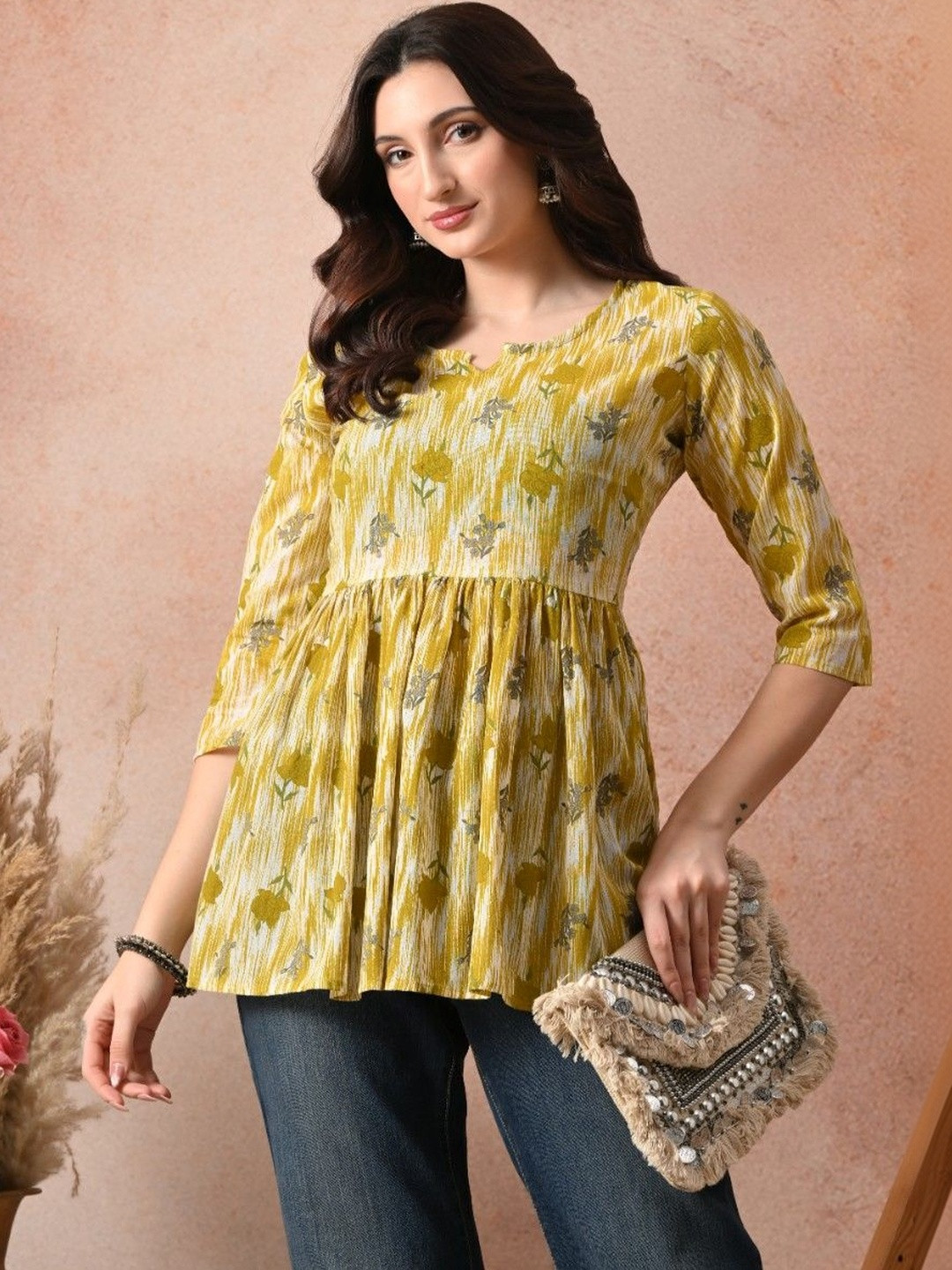 Anouk Rustic Floral Printed V-Neck Empire Kurti
