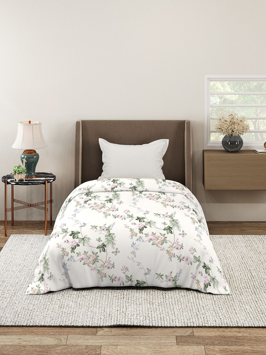 MORADO Off White Glace Cotton Floral Printed Single Duvet Cover 60 x 90 Inches