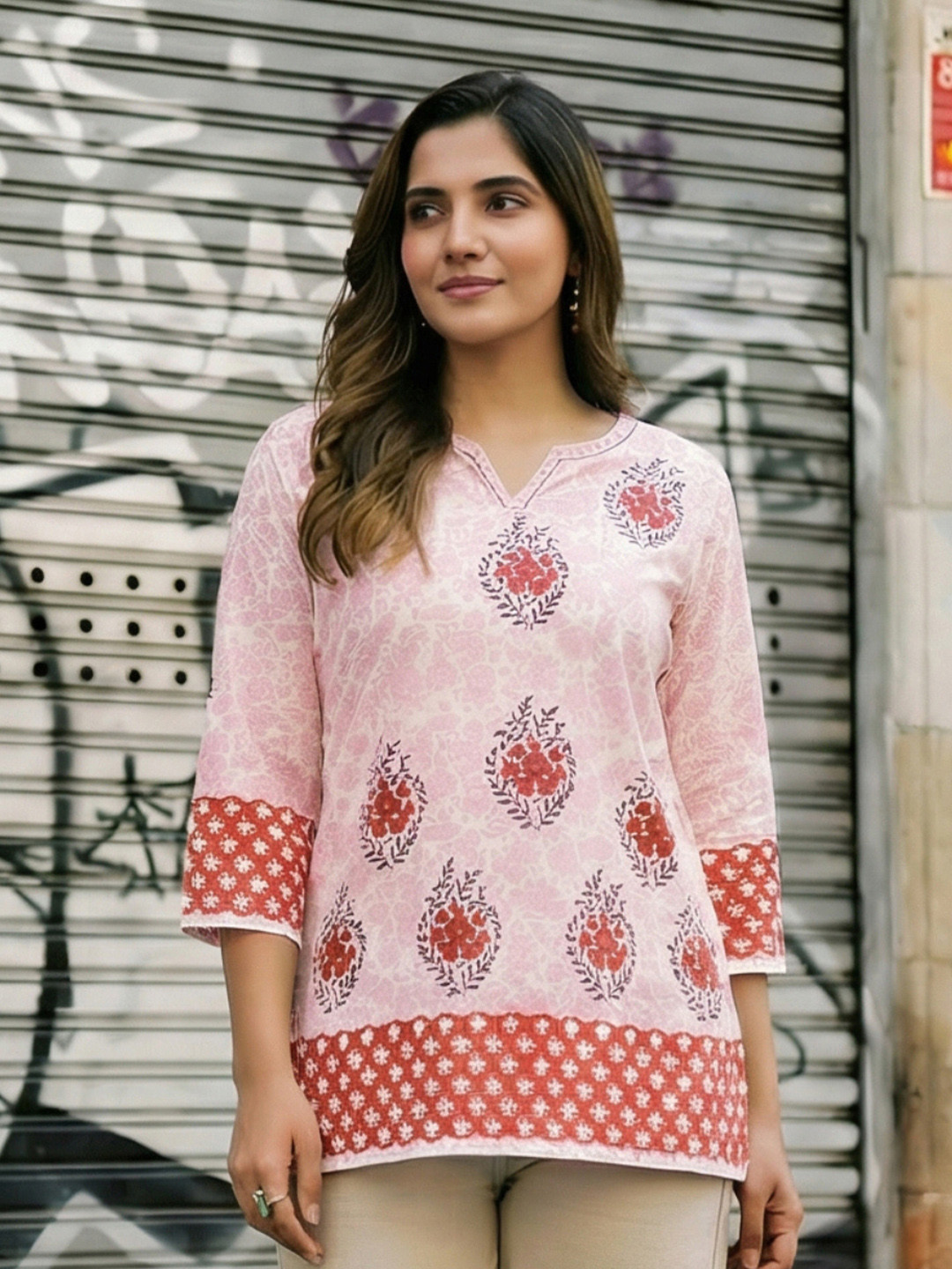MIKAMI Women Floral Printed V-Neck Kurti