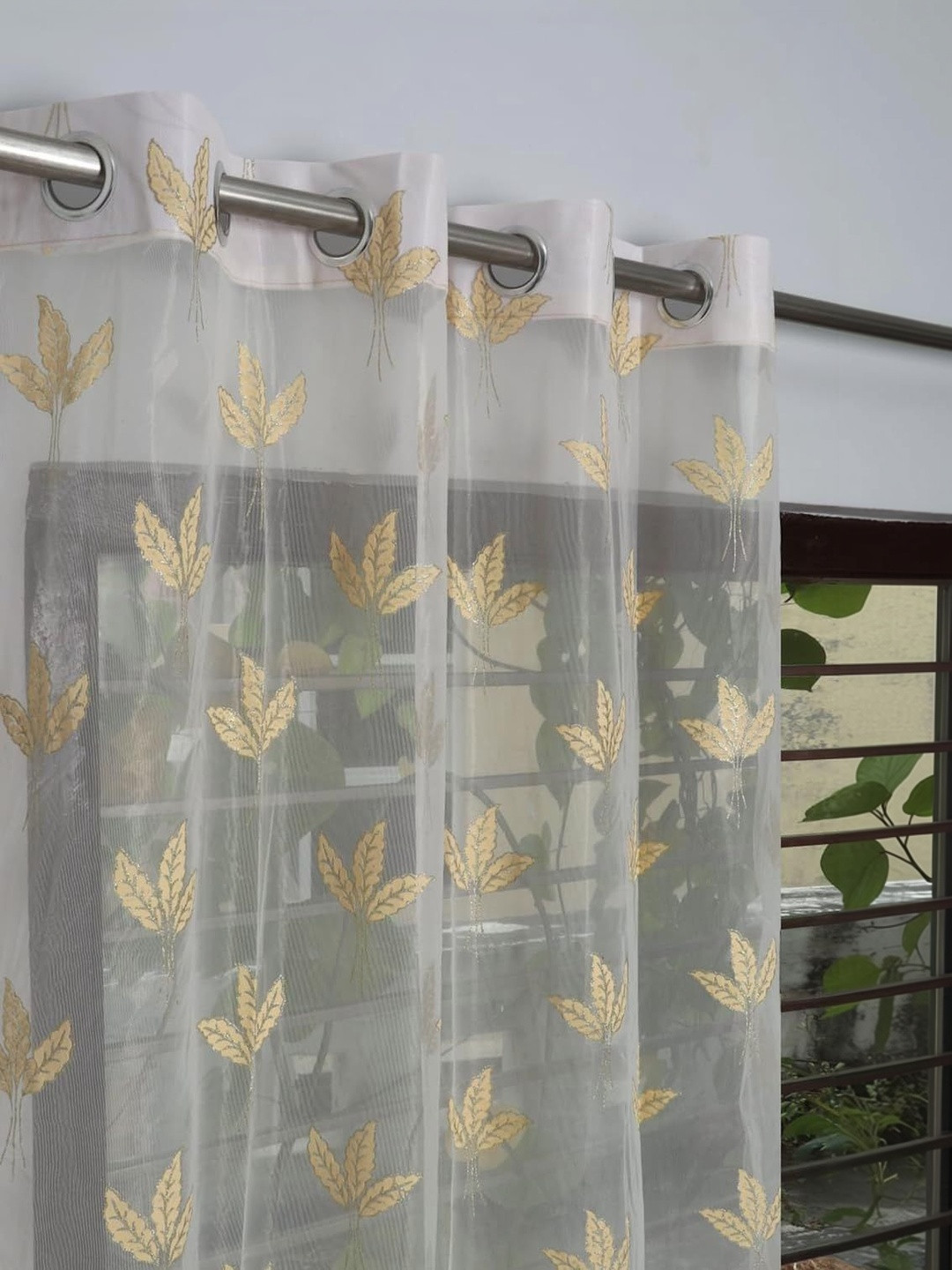 Vervique Cream-Coloured & Gold-Toned Set of 2 Floral Sheer Door Curtain