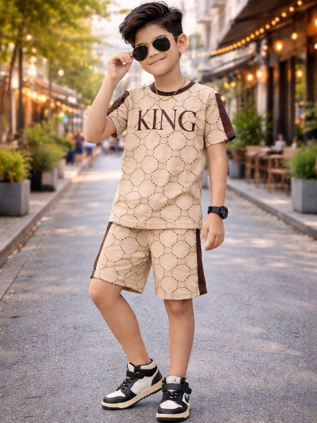 KEESOR Boys Khaki Printed T-shirt with Shorts Cotton Round Neck Half Sleeve Clothing Set