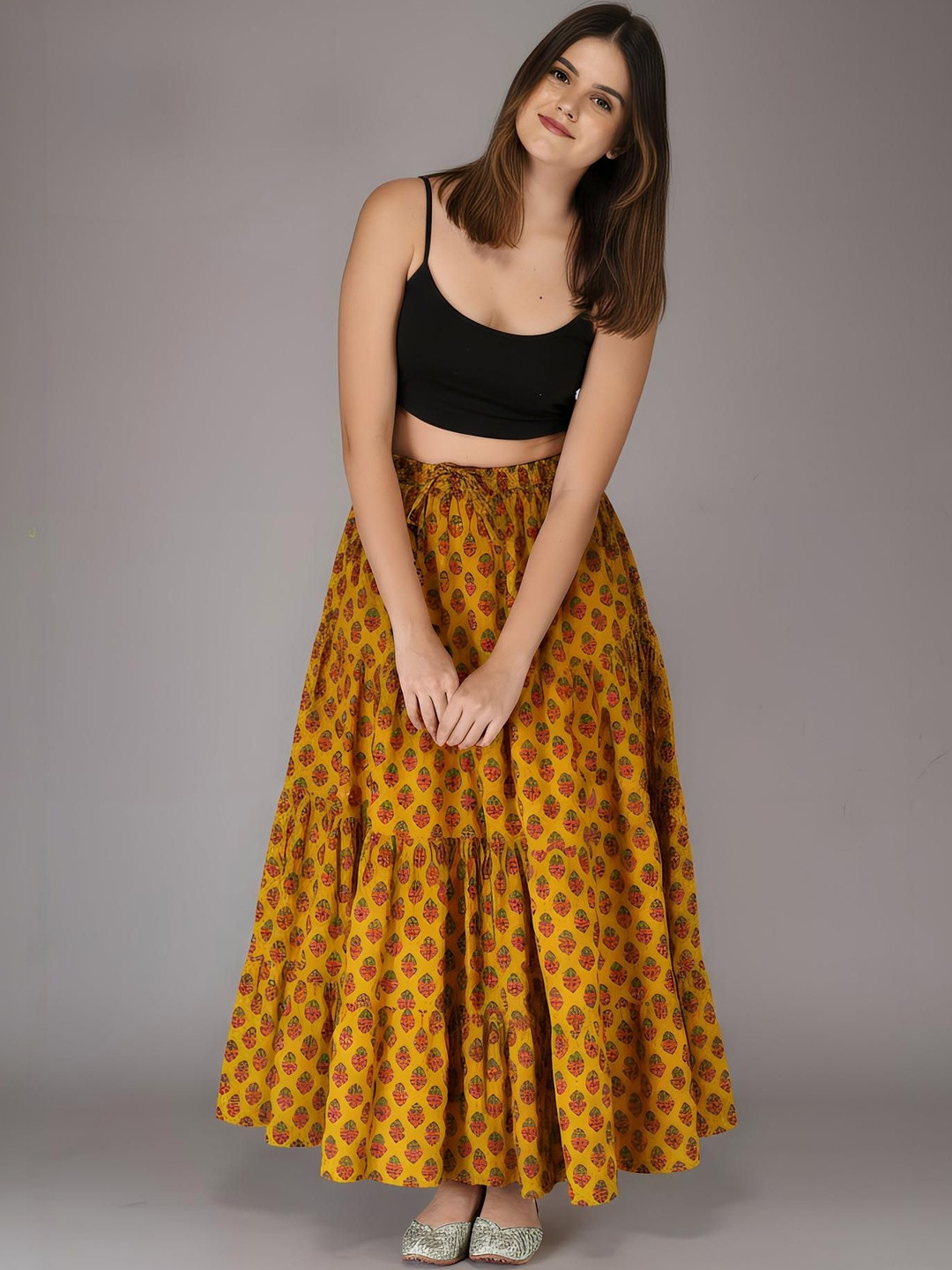 MFGIVA Women Cotton Floral Maxi Tiered Skirt
