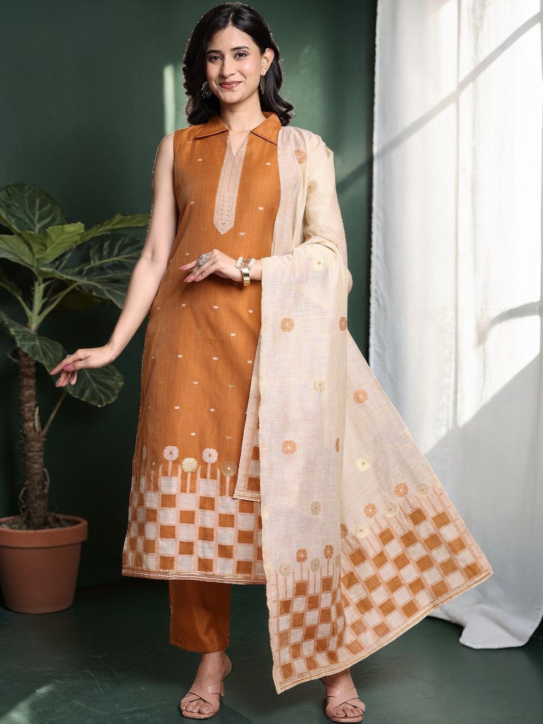 Sangria Woven Design Shirt Collar Kurta & Trousers With Dupatta