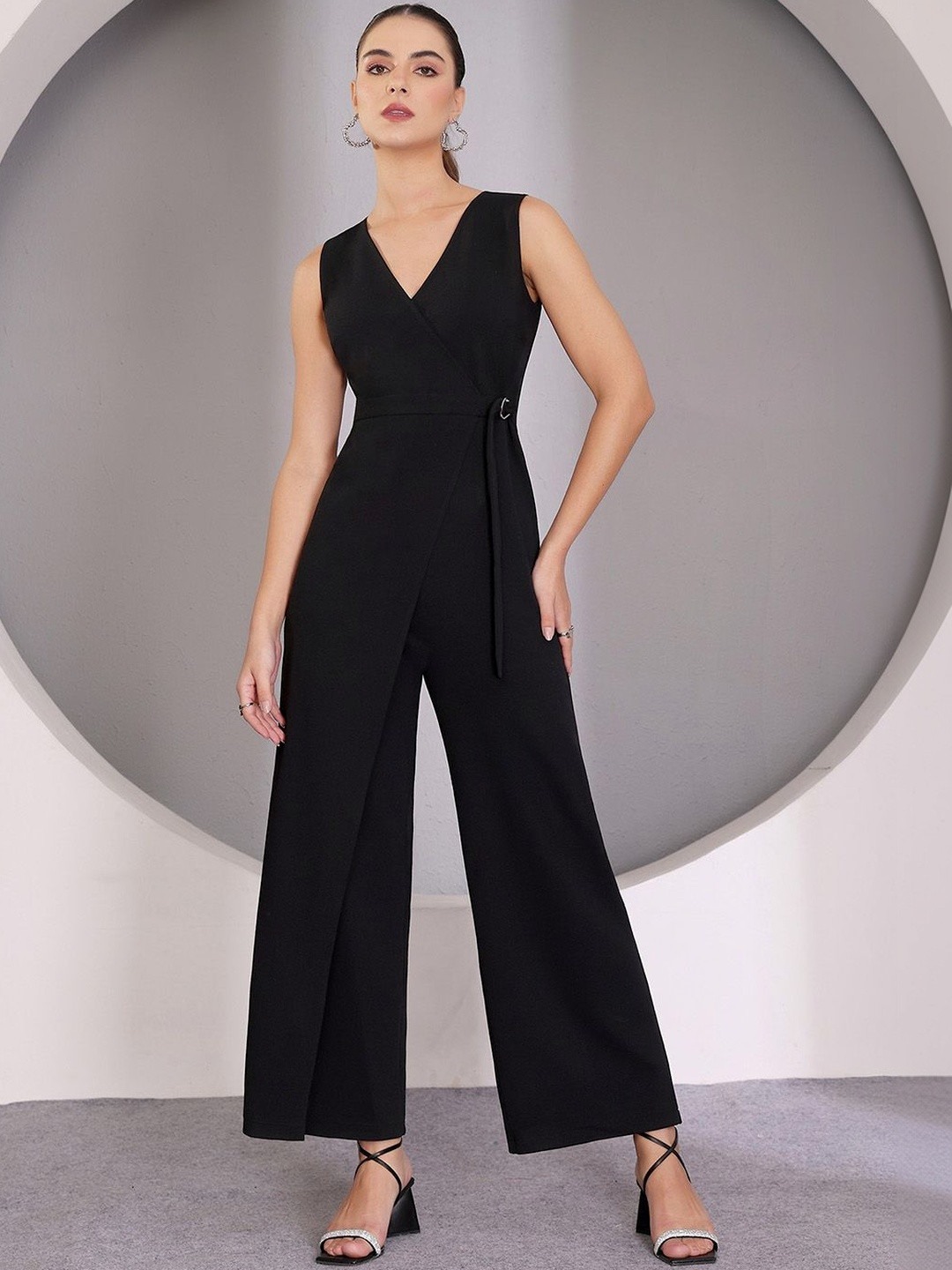 Miss Chase Women V-Neck Sleeveless Solid Wrap Regular-Length Polyester Jumpsuit