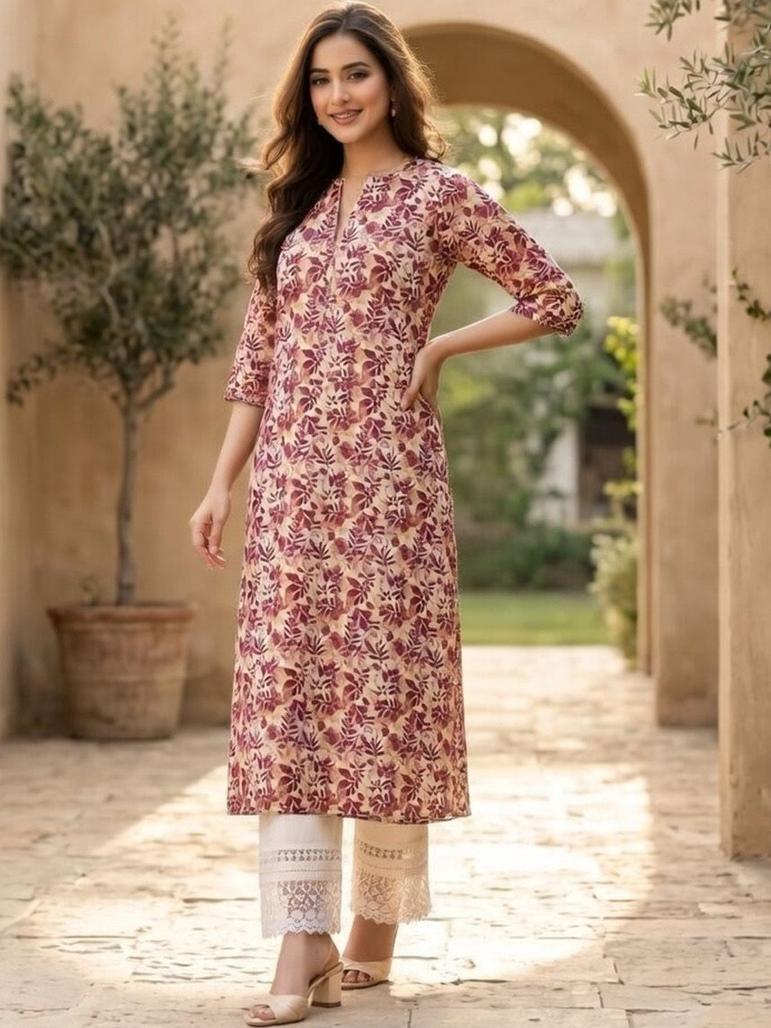 AADVIKA Floral Printed A-Line Midi Bishop Sleeve Sheath Dress