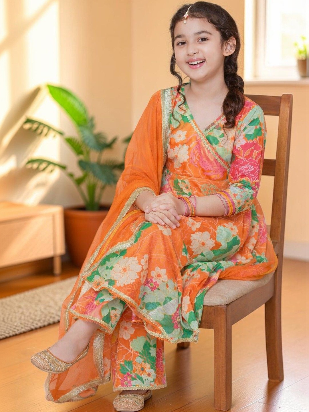 SPANGEL FASHION Girls Floral Printed Angrakha Kurta with Palazzos & With Dupatta