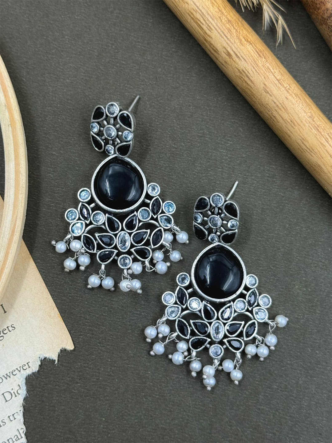 NAMAN ARTS Silver-Plated Stones Studded & Beaded Floral Shaped Earrings