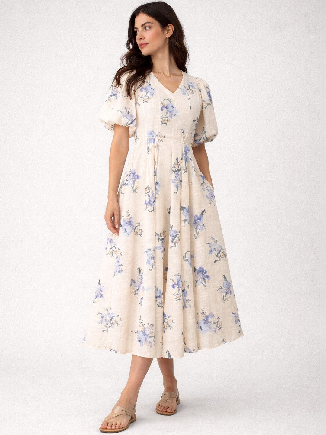 Suo Floral Print Puff Sleeve A-Line Midi Dress