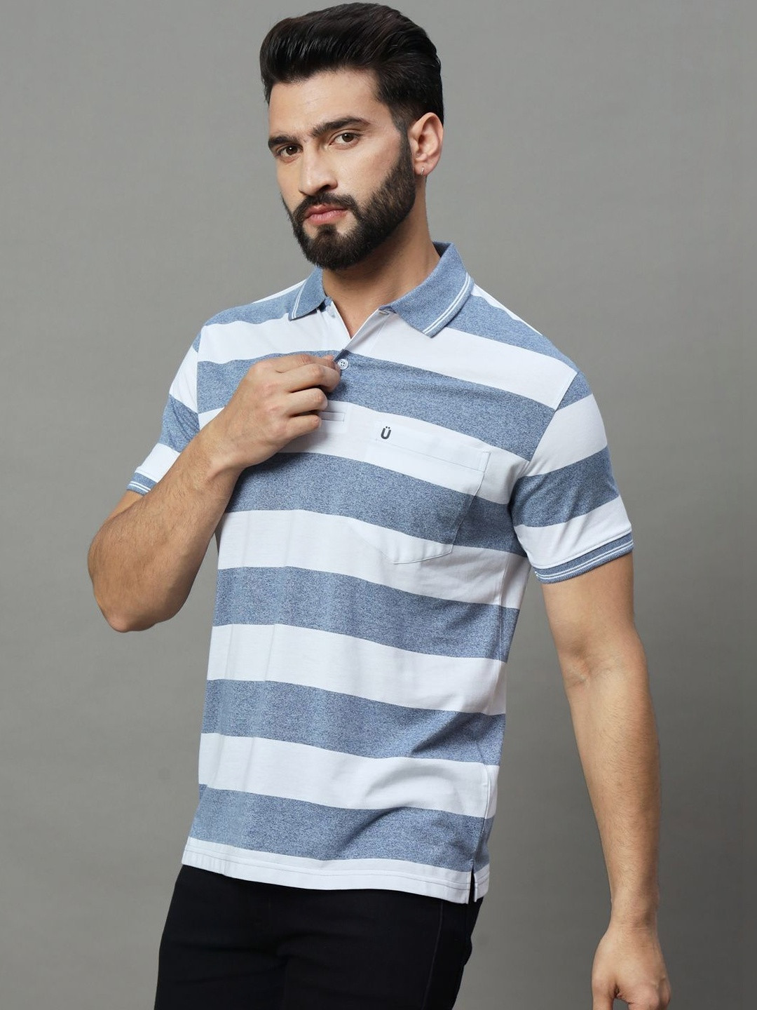 UNIBERRY JEANS Men Striped Polo Collar Pockets T-shirt
