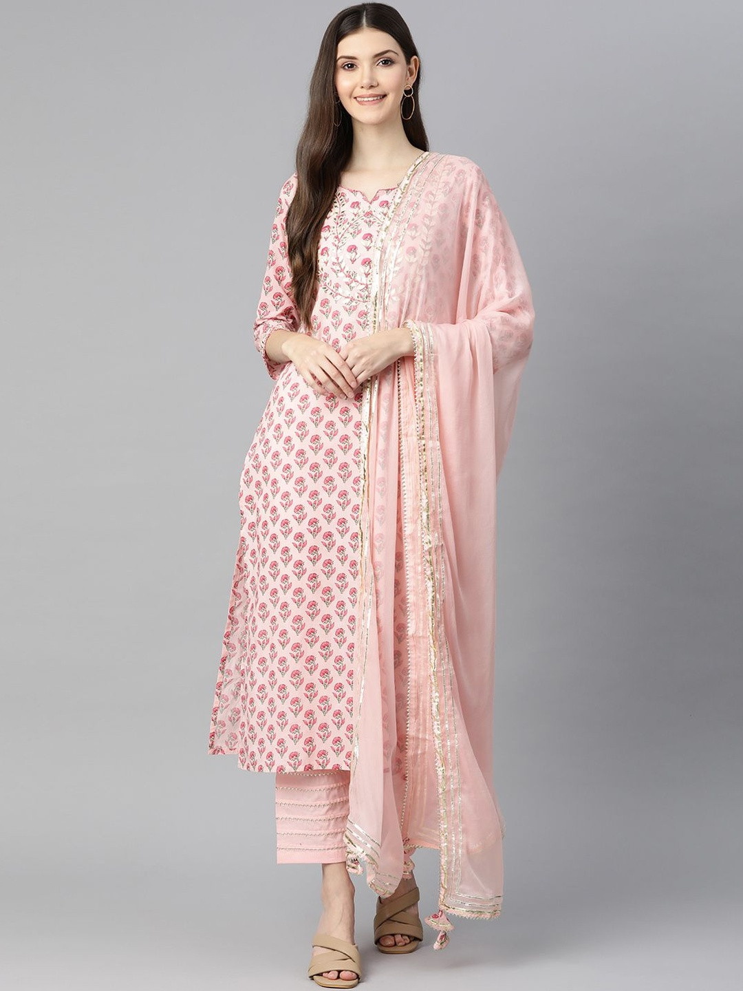 Anouk Rustic Women Ethnic Motifs Printed Regular Thread Work Pure Cotton Kurta with Trousers & With Dupatta