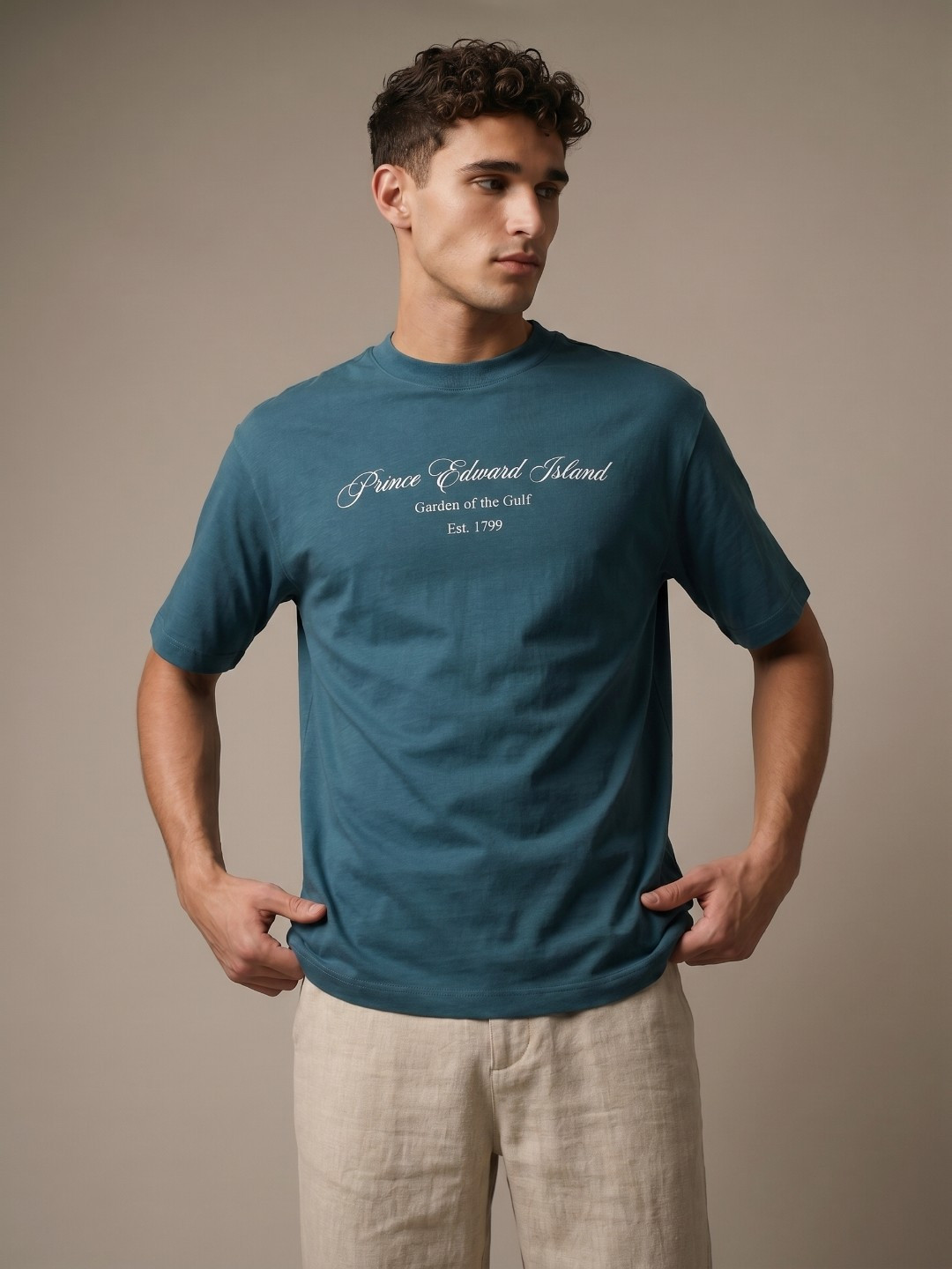 Teal Typography Printed Relaxed Fit T-shirt