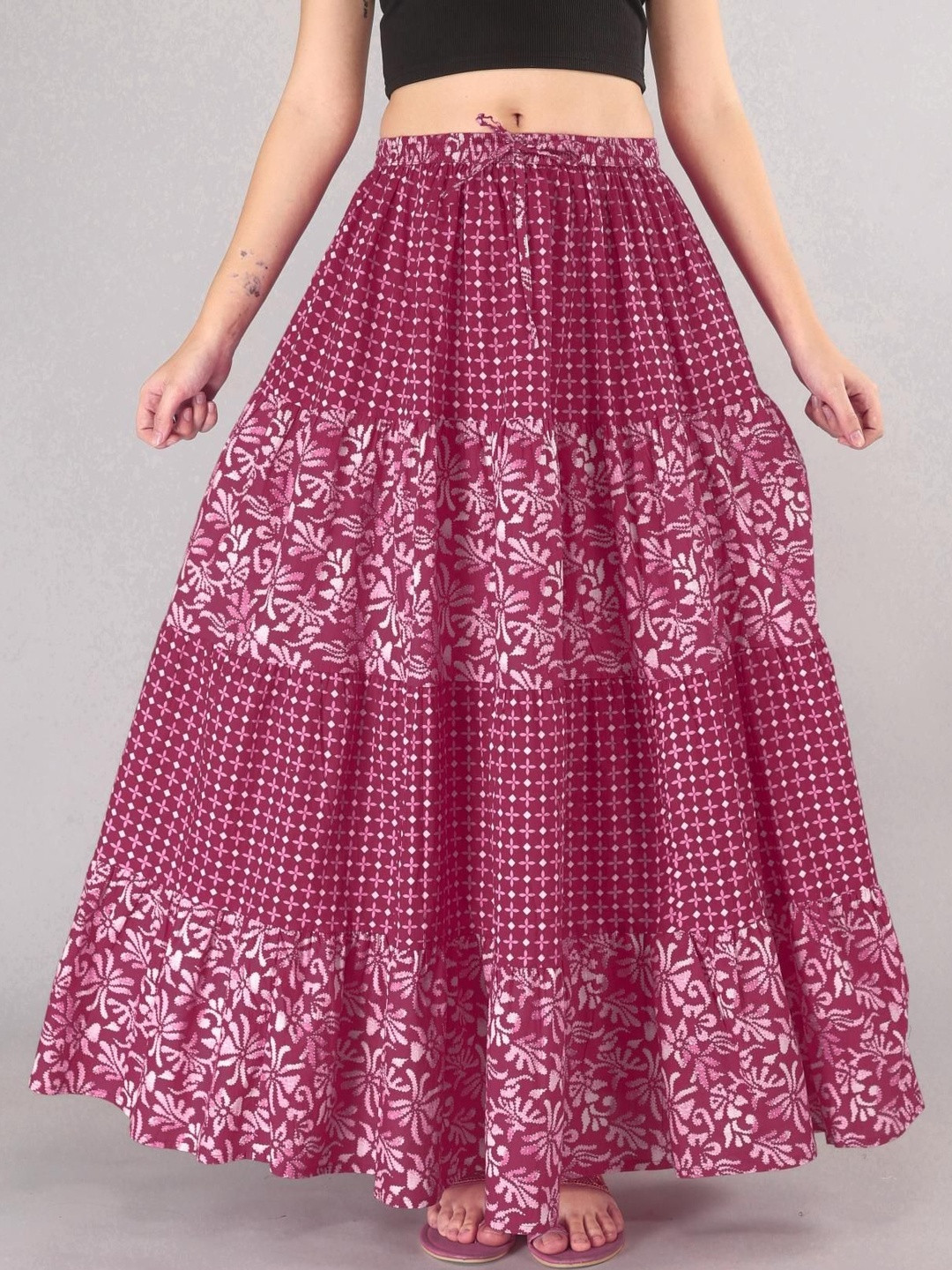 MFGIVA Women Cotton Geometric Tiered Maxi Skirt
