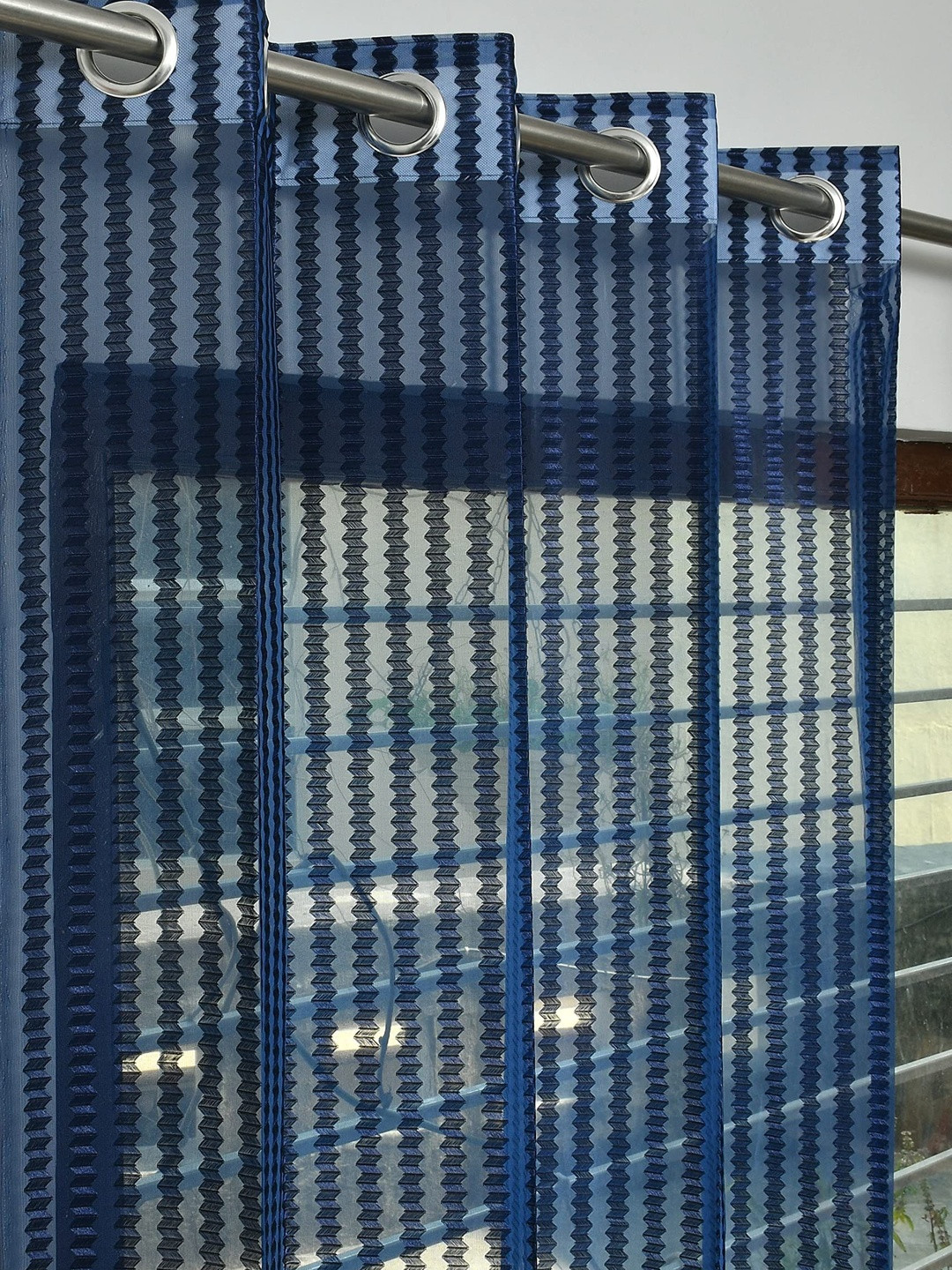 YUKANY Navy Blue & Multicoloured Set of 2 Striped Sheer Window Curtain