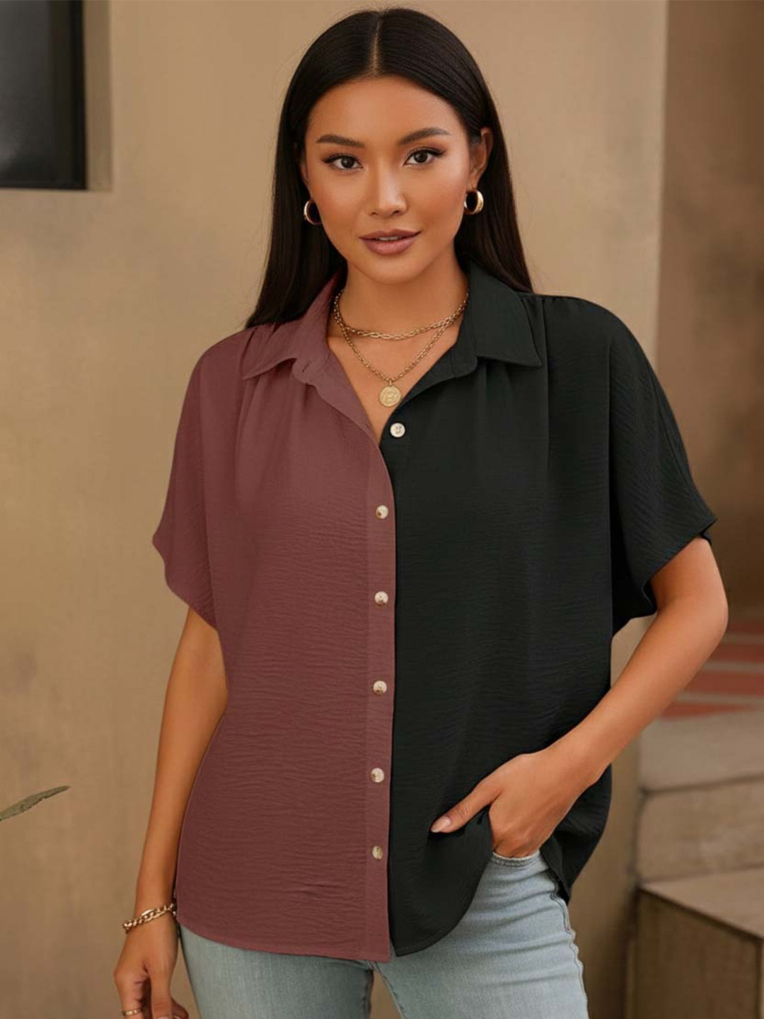 GENZILOOKS Black and Brown Colourblocked Top