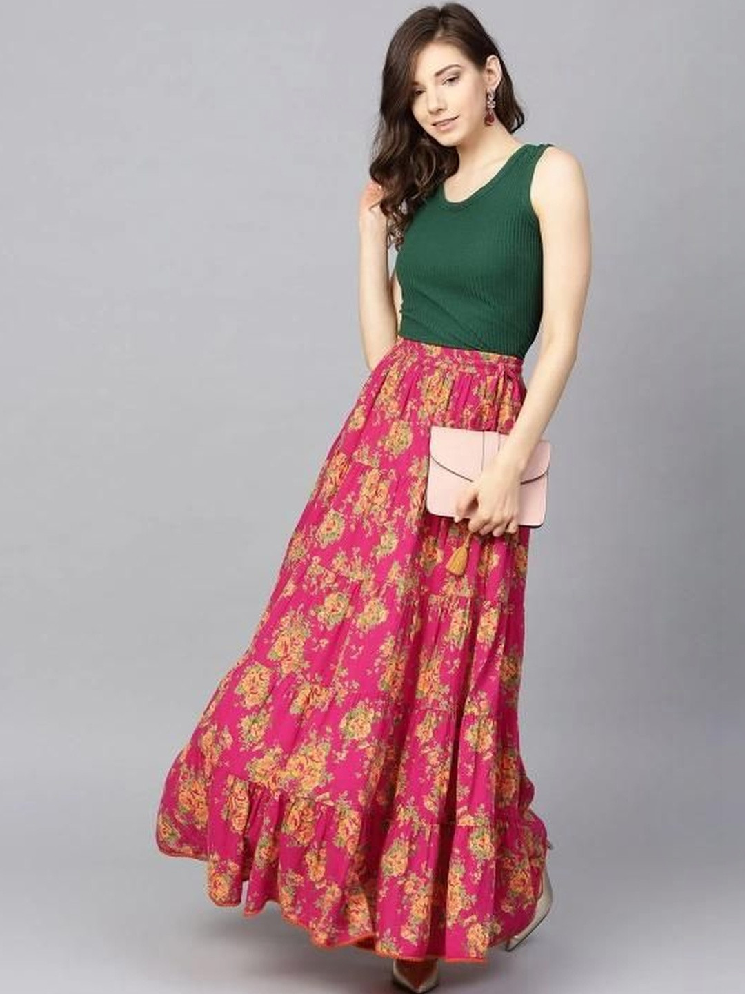MFGIVA Women Cotton Floral Maxi Tiered Skirt