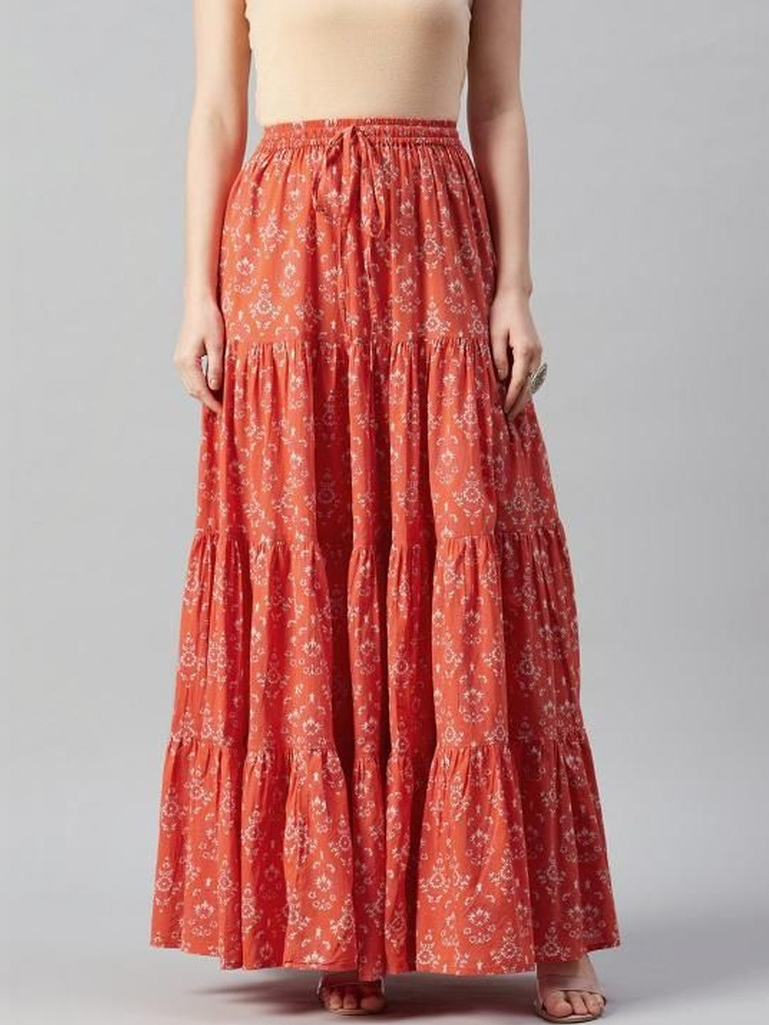 MFGIVA Women Cotton Floral Tiered Maxi Tiered Skirt