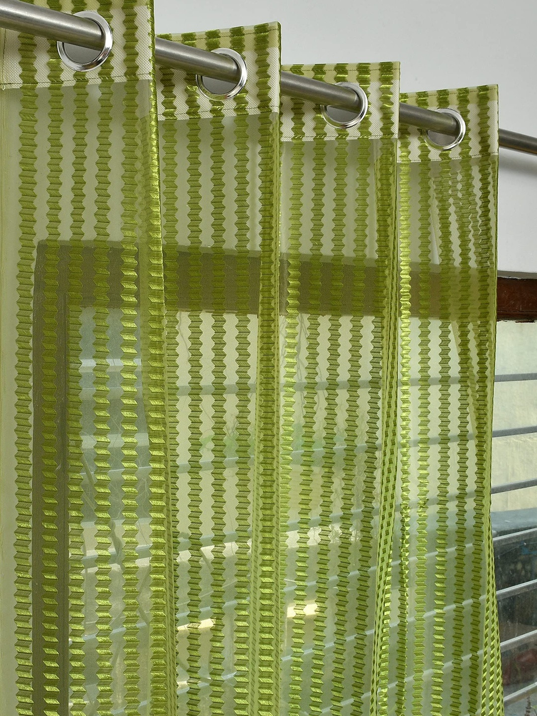 YUKANY Green & Multicoloured Set of 2 Striped Sheer Long Door Curtain