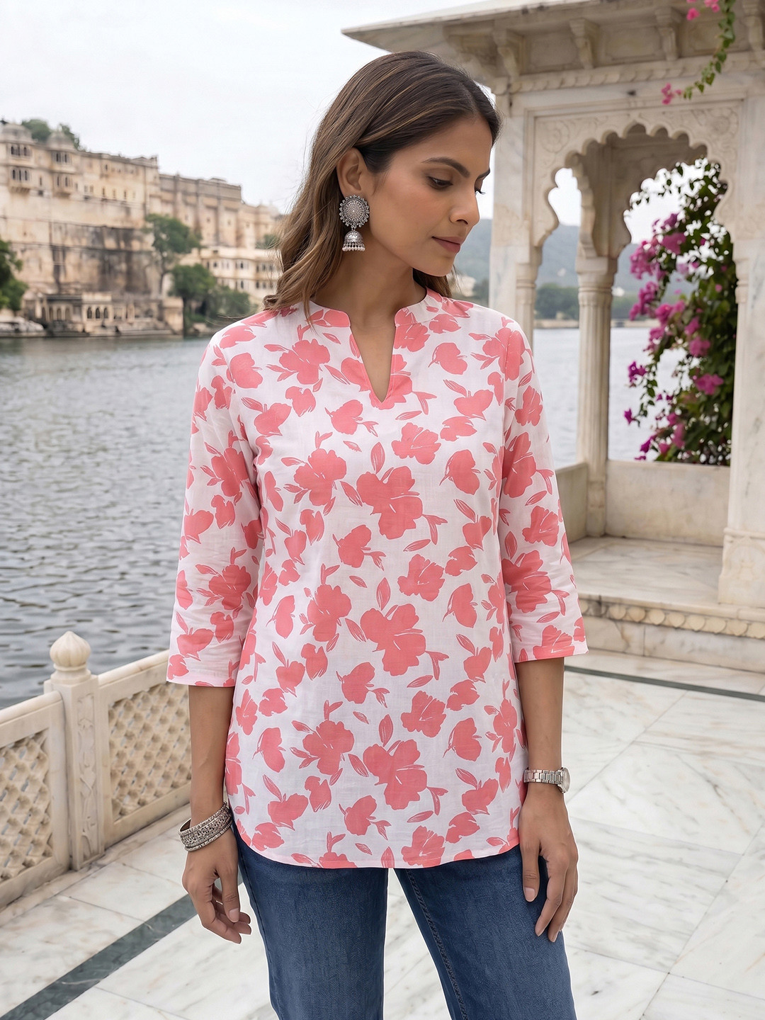 Anouk Rustic Floral Printed Mandarin Collar Straight Kurti